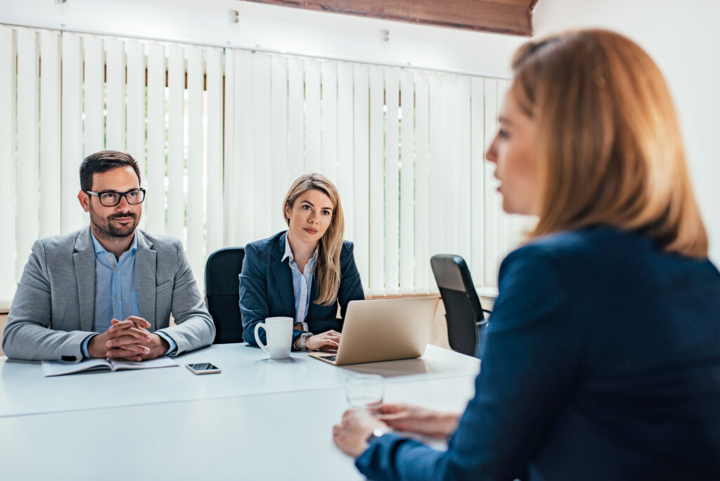 Young woman explaining ideas to a business partner at meeting.