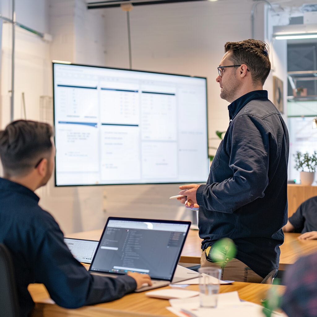 IT Project Manager leading a scrum meeting