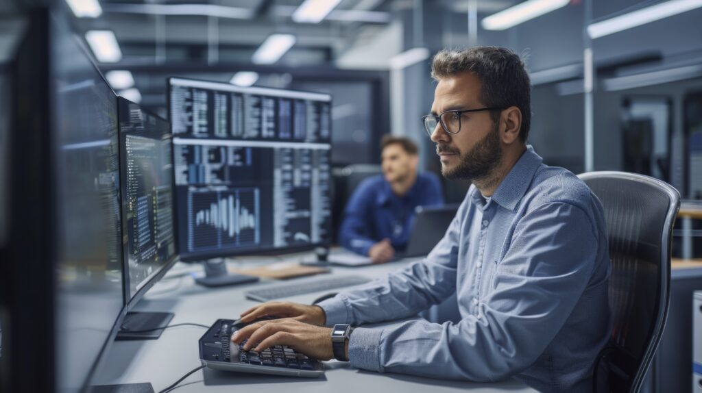 Cybersecurity Engineer looking diligently at his computer monitor